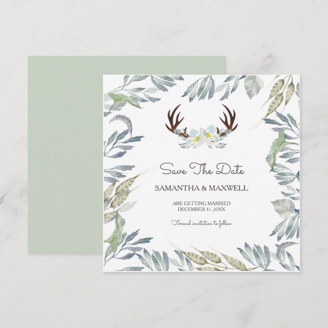 DEER ANTLER & Greenery Save The Date, Blue Invitation (Front/Back)