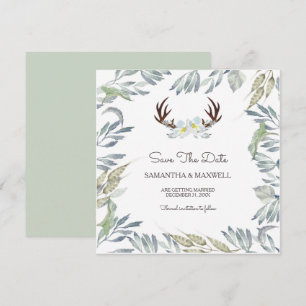 DEER ANTLER & Greenery Save The Date, Blue Invitation