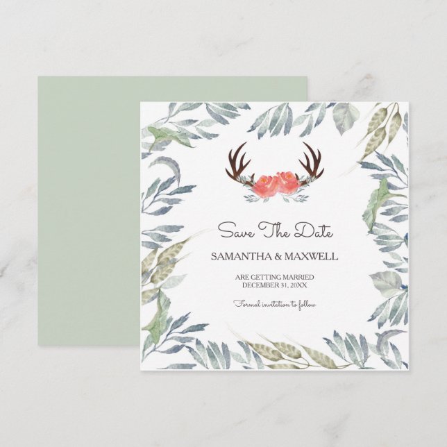 DEER ANTLER & Greenery Save The Date, Peach Flower Invitation (Front/Back)