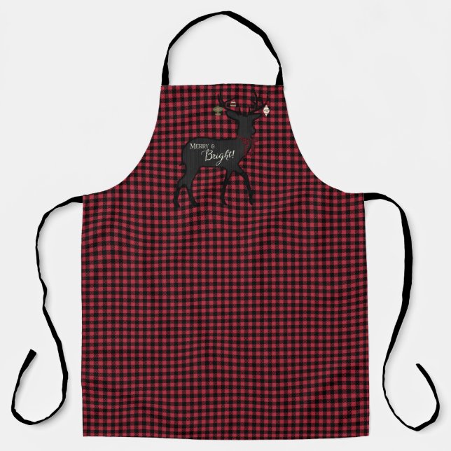 Deer Antler Merry Bright Christmas Buffalo Check Apron (Front)