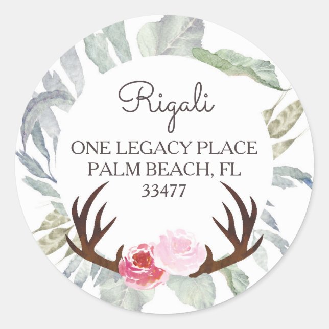 Deer Antler Pink Roses Return Address Classic Round Sticker (Front)