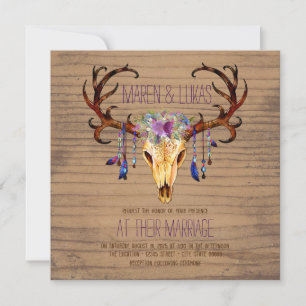 Deer Antler Rustic Country Watercolor Wedding Invitation