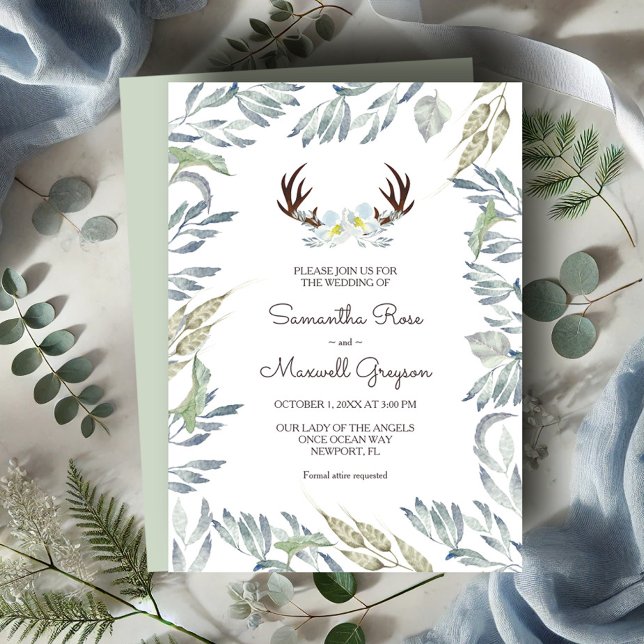 DEER ANTLER Rustic Sage Green Wedding Invitation (Wedding invitations rustic watercolor deer antlers and botanical greenery)