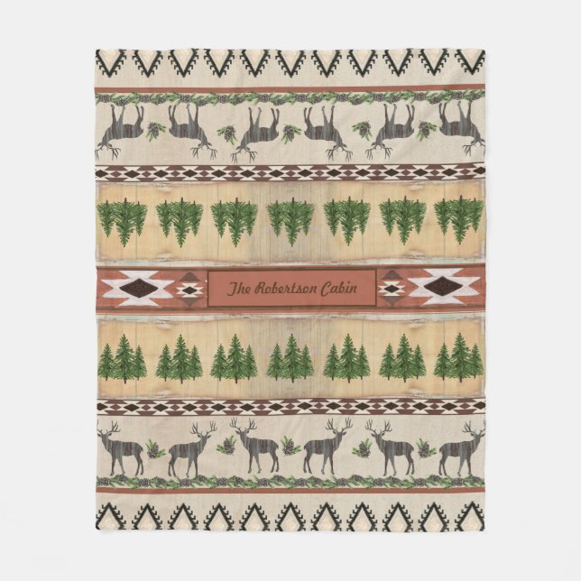 Deer Antler Rustic Wood Forest Cabin Family Name Fleece Blanket (Front)