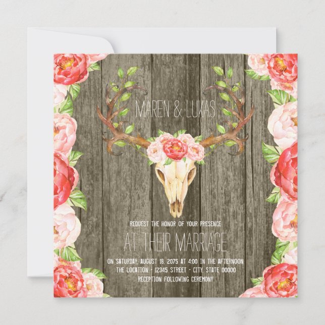 Deer Antler Rustic Wood Southwestern Wedding Invitation (Front)