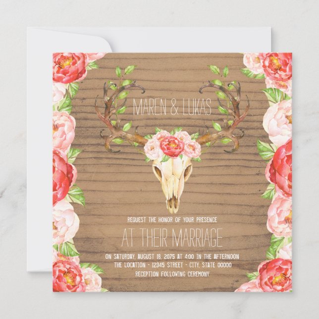 Deer Antler Rustic Wood Watercolor Wedding Invitation (Front)