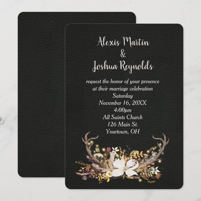 Deer Antler Wedding Bouquet on Leather Invitation (Front/Back)