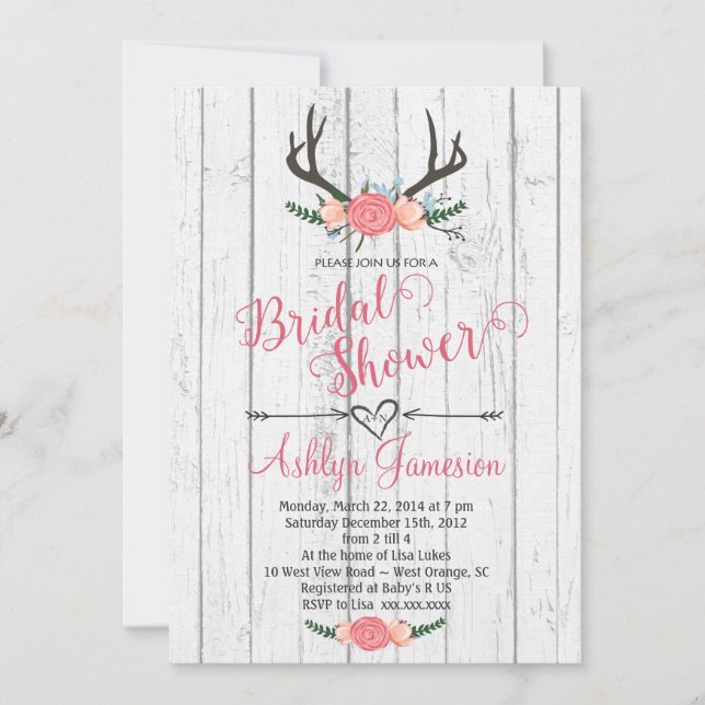 Deer Antler white wood Bridal Shower Invitation (Front)