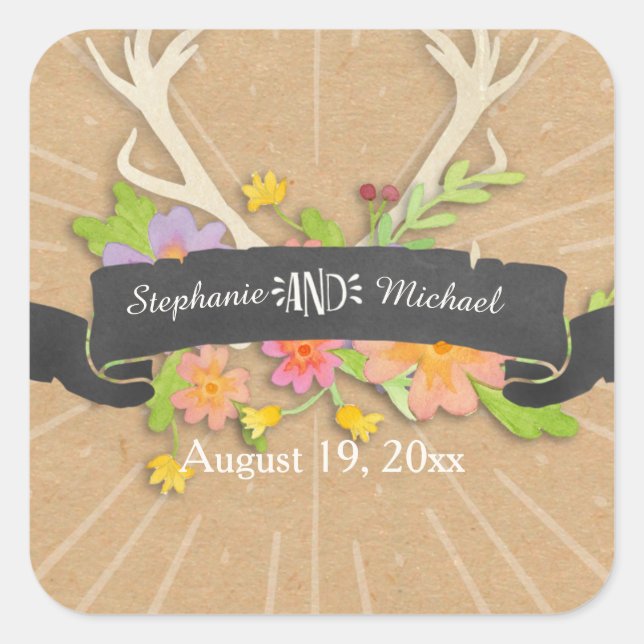 Deer Antler Wildflower Starburst Rustic Wedding Square Sticker (Front)