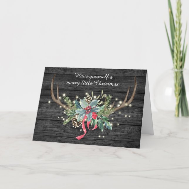 Deer Antlers and Christmas Bouquet On Wood Card (Front)