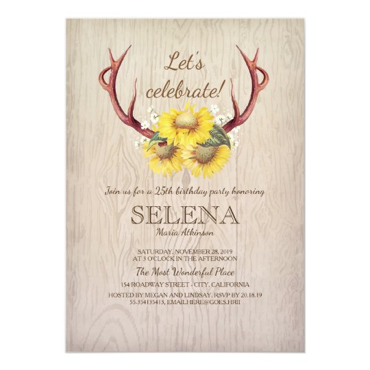 Deer Antlers and Sunflower Rustic Birthday Party Card