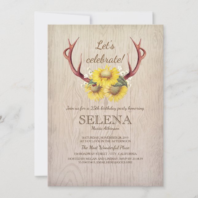 Deer Antlers and Sunflower Rustic Birthday Party Invitation (Front)