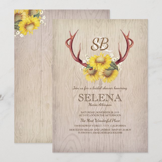Deer Antlers and Sunflower Rustic Bridal Shower Invitation (Front/Back)