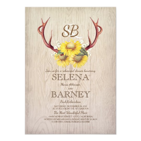 Deer Antlers and Sunflower Rustic Rehearsal Dinner Card