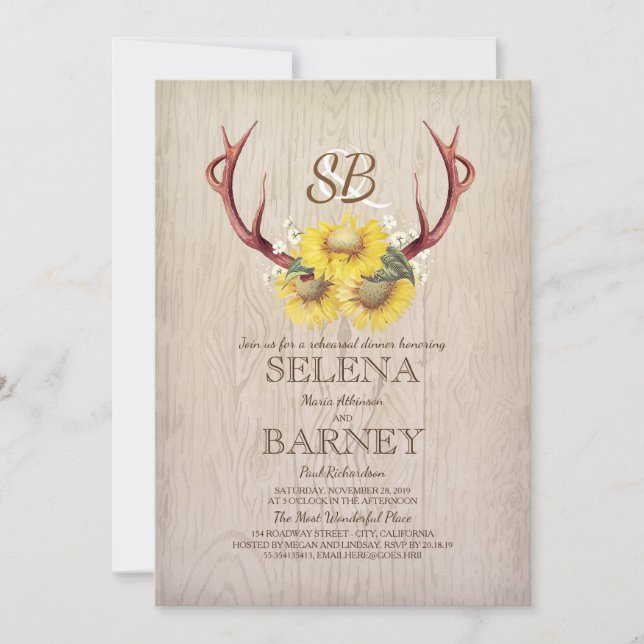 Deer Antlers and Sunflower Rustic Rehearsal Dinner Invitation (Front)