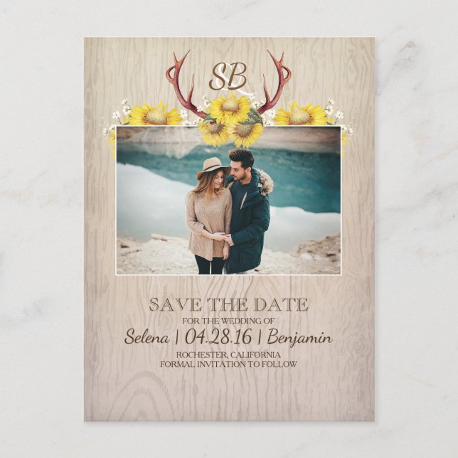 Deer Antlers and Sunflowers Photo Save the Date Announcement Postcard (Front)