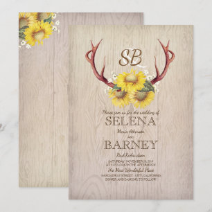 Deer Antlers and Sunflowers Rustic Fall Wedding Invitation