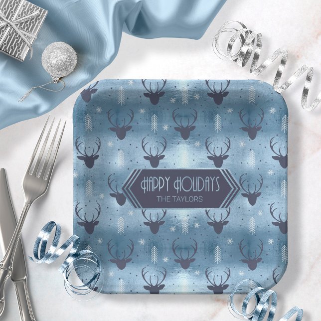 Deer Antlers Arrows Christmas Pattern Blue ID861 Paper Plate (Creator Uploaded)