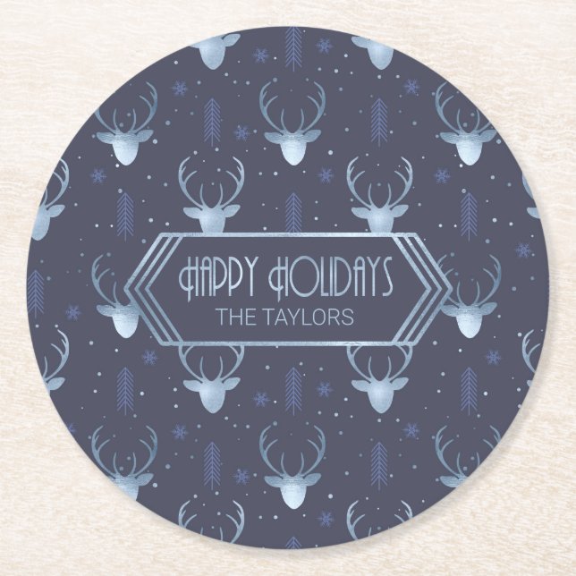Deer Antlers Arrows Christmas Pattern Blue ID861 Round Paper Coaster (Front)