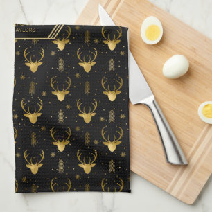Deer Antlers Arrows Christmas Pattern Gold ID861 Tea Towel