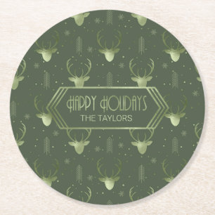 Deer Antlers Arrows Christmas Pattern Green ID861 Round Paper Coaster