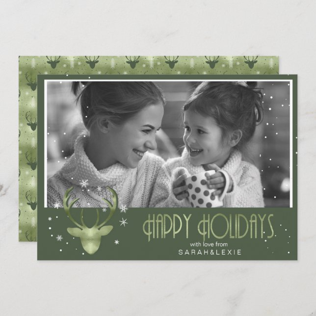 Deer Antlers Arrows Christmas Photo V2 Green ID861 Invitation (Front/Back)
