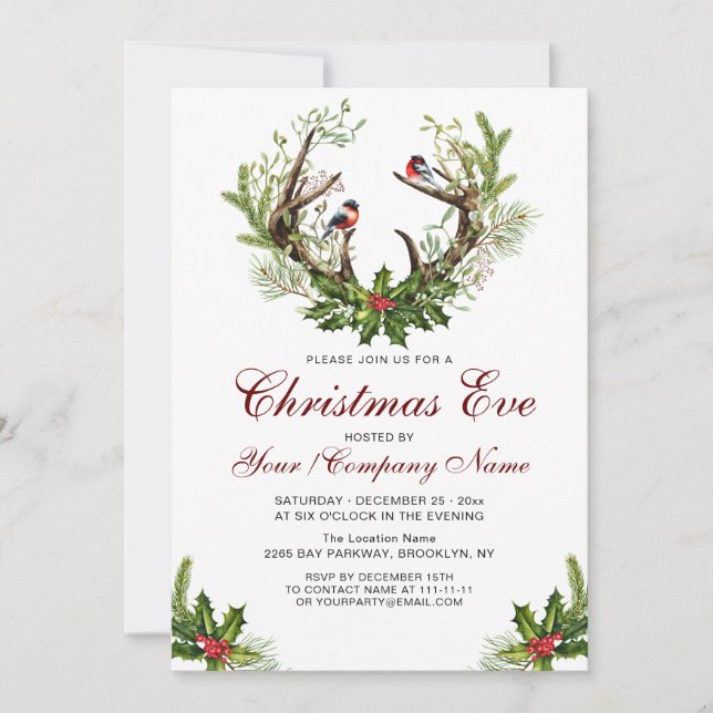 Deer Antlers, Birds Holly Berry Christmas Party Invitation (Front)