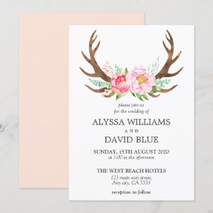 Deer Antlers Boho Floral Watercolor Pink Wedding Invitation