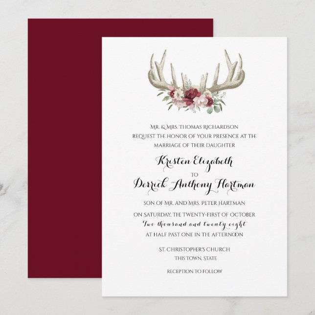 Deer Antlers Burgundy Floral Wedding Invitation (Front/Back)