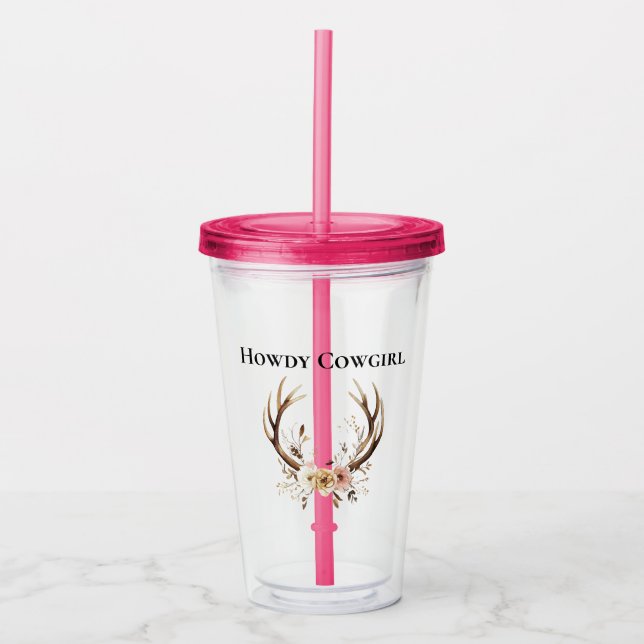 Deer Antlers Cowgirl Pink Floral Acrylic Tumbler (Front)