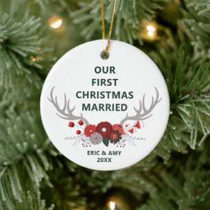 Deer Antlers First Christmas Married Personalised Ceramic Tree Decoration