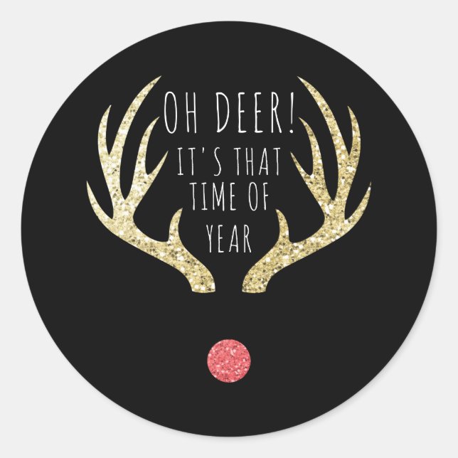Deer Antlers Gold & Black Christmas Holiday Party Classic Round Sticker (Front)