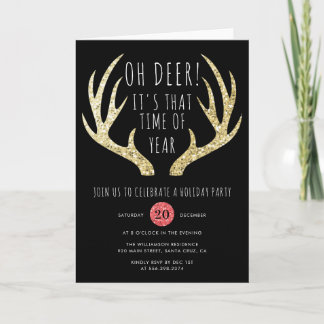 Deer Antlers Gold & Black Christmas Holiday Party Invitation