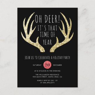 Deer Antlers Gold & Black Christmas Holiday Party Invitation Postcard