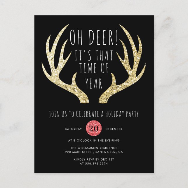 Deer Antlers Gold & Black Christmas Holiday Party Invitation Postcard (Front)