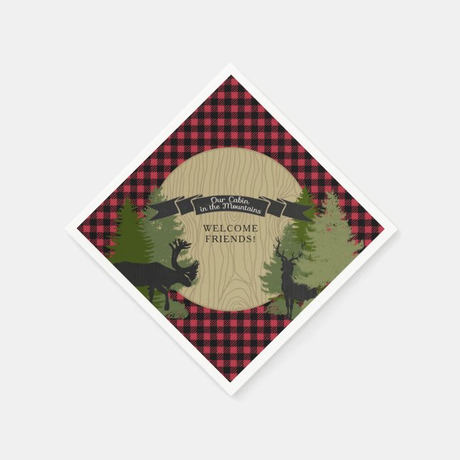 Deer Antlers Lumberjack Plaid Mountain Cabin Art Napkin (Corner)