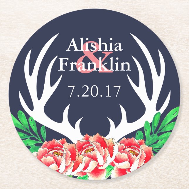 Deer Antlers & Peonies Bride & Groom Wedding Date Round Paper Coaster (Front)
