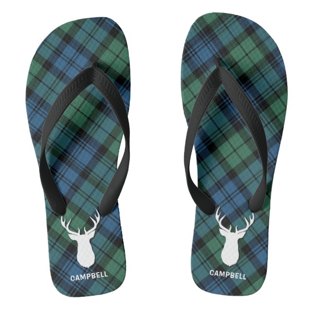 Deer Antlers Personalised Tartan Plaid Green Black Flip Flops (Footbed)