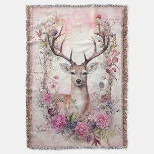 Deer Antlers Pink Flowers Woodsy Christmas Throw Blanket