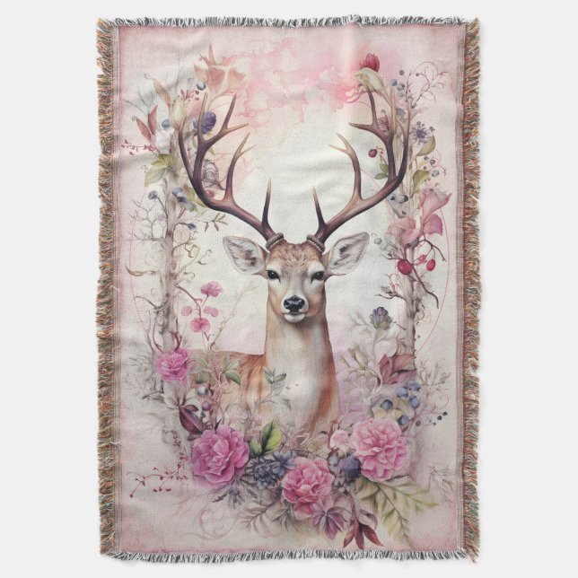 Deer Antlers Pink Flowers Woodsy Christmas Throw Blanket (Front Vertical)