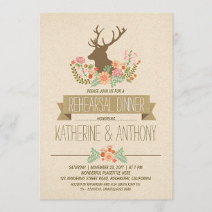 Deer antlers romantic rustic rehearsal dinner invitation