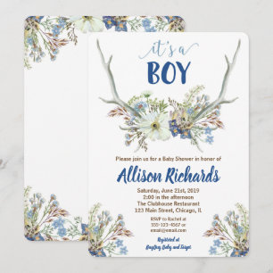 Deer antlers rustic baby shower invitation for boy
