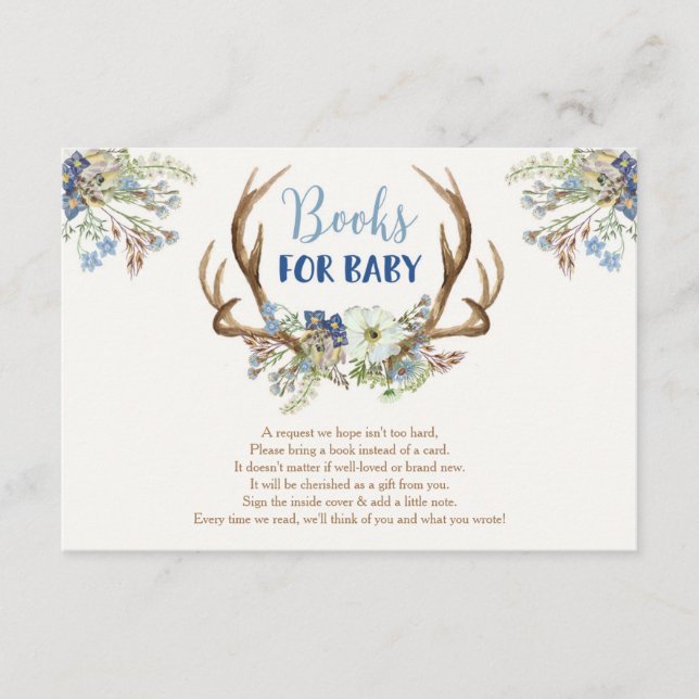 Deer antlers rustic boy baby shower book request enclosure card (Front)