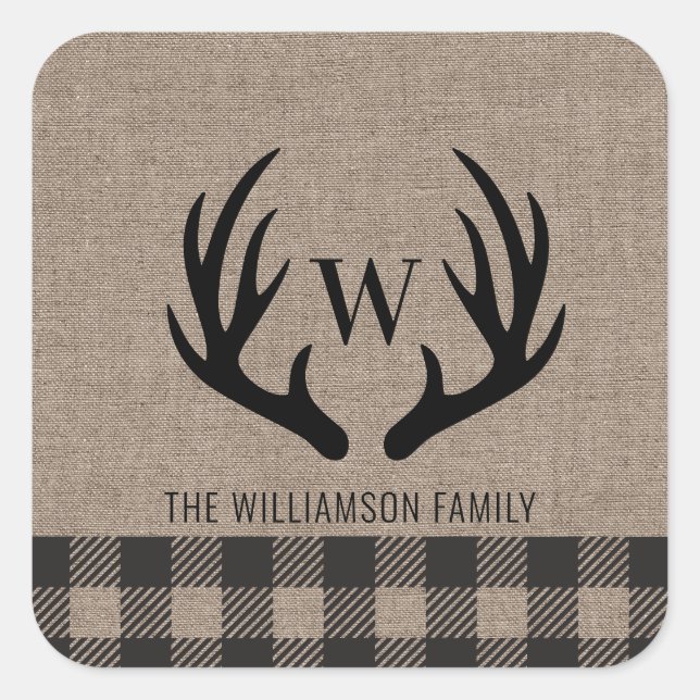 Deer Antlers Rustic Burlap Family Name  Square Sticker (Front)