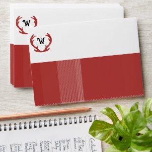 Deer Antlers Rustic Minimal Monogram Burgundy Envelope
