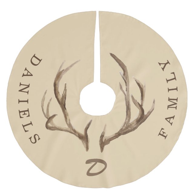 Deer antlers rustic monogrammed family name beige brushed polyester tree skirt (Front)