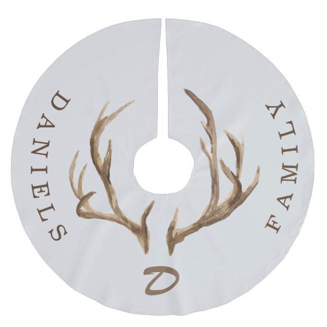 Deer antlers rustic monogrammed family name grey brushed polyester tree skirt (Front)