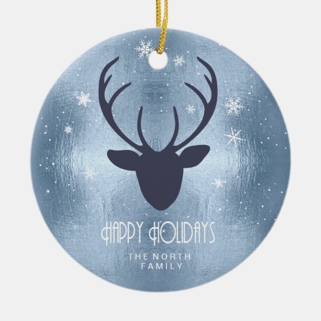 Deer Antlers Silhouette & Snowflakes Blue ID861 Ceramic Tree Decoration (Front)