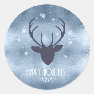 Deer Antlers Silhouette & Snowflakes Blue ID861 Classic Round Sticker