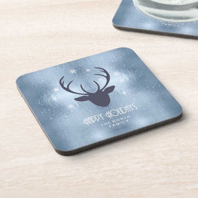 Deer Antlers Silhouette & Snowflakes Blue ID861 Coaster (Left Side)
